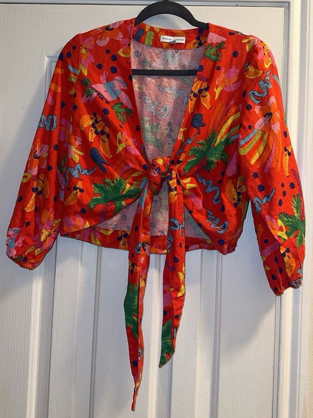 Maison d’Amelie Paris Tropical Print Red Linen Blend Crop Top
